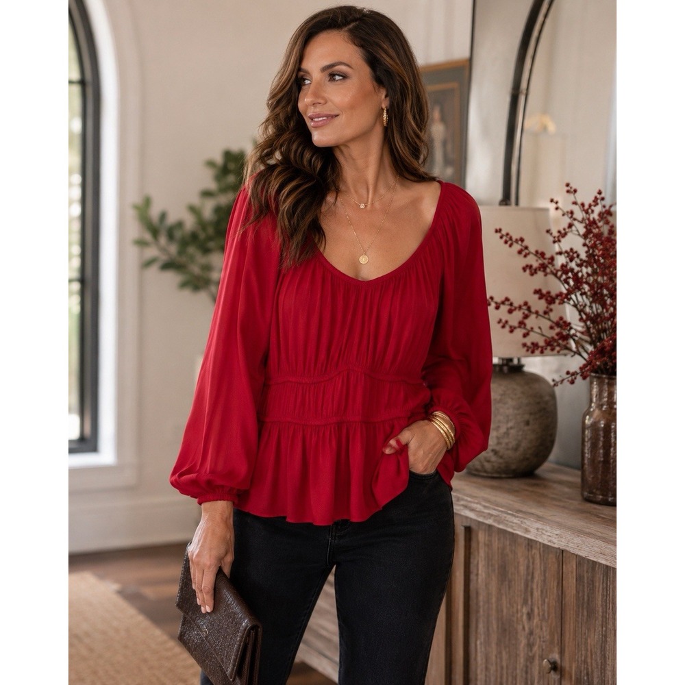 Nine West Red Smocked Peasant Blouse Womens XXL Boho Babydoll Long Sleeve